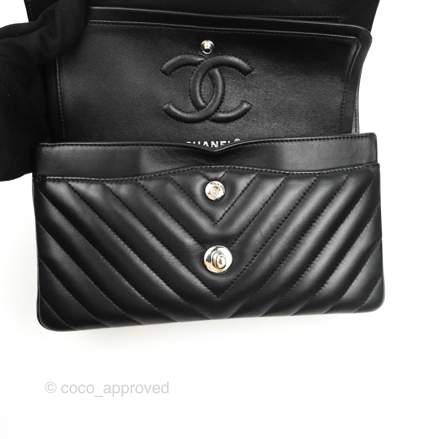 Chanel Small Classic Flap Chevron Black Lambskin Silver Hardware 21C