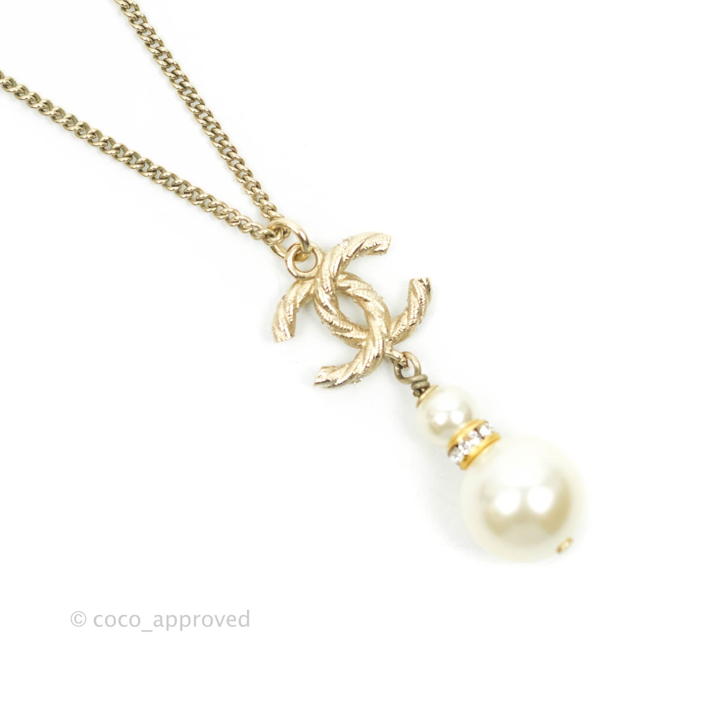 Chanel Crystal Pearl CC Drop Necklace Gold 18B
