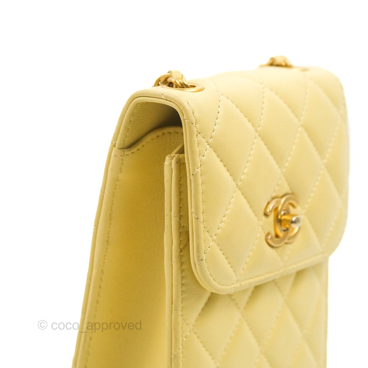 Chanel Quilted Pearl Crush Phone Holder With Chain Yellow Lambskin