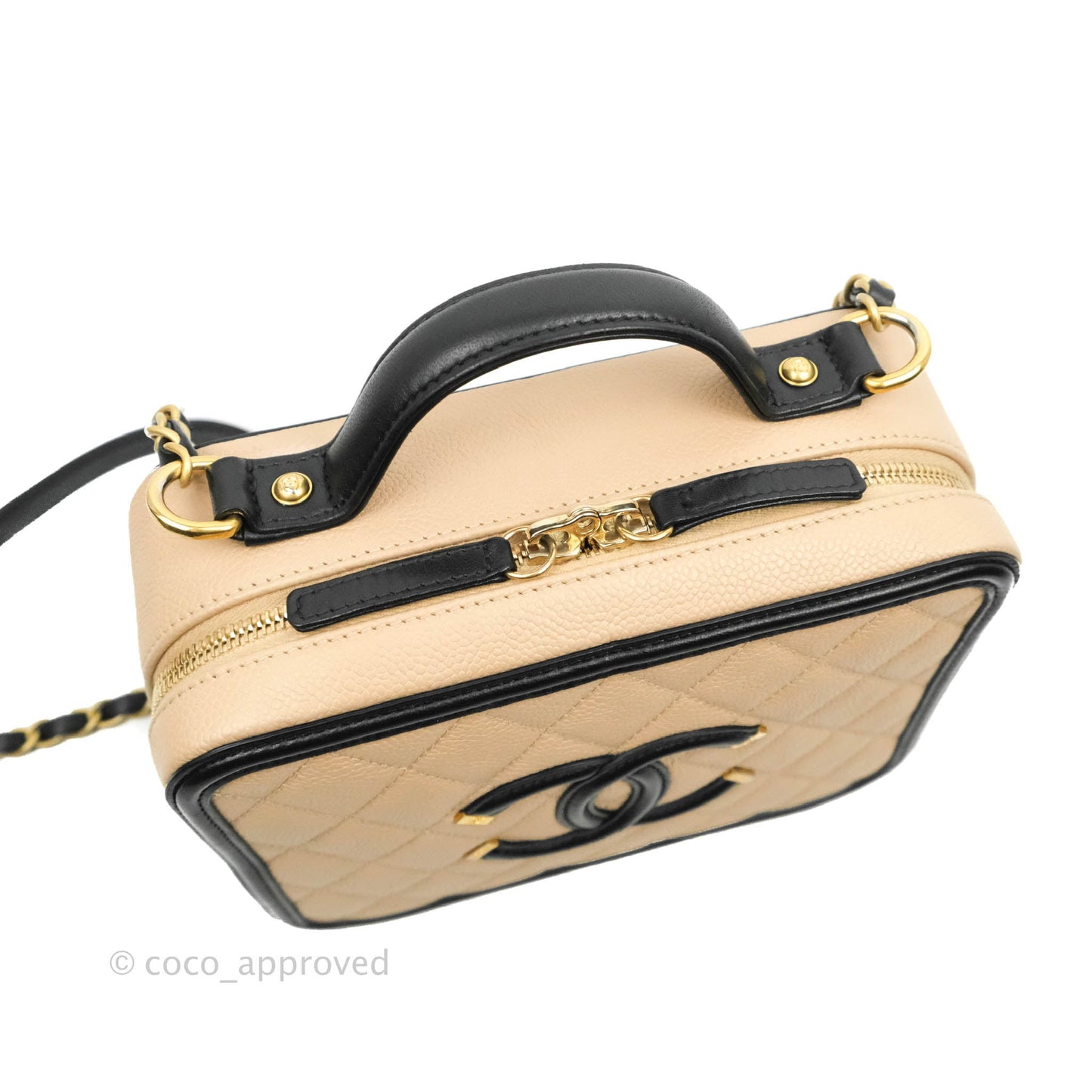 Chanel Quilted Medium CC Filigree Vanity Case Beige Caviar Gold Hardware