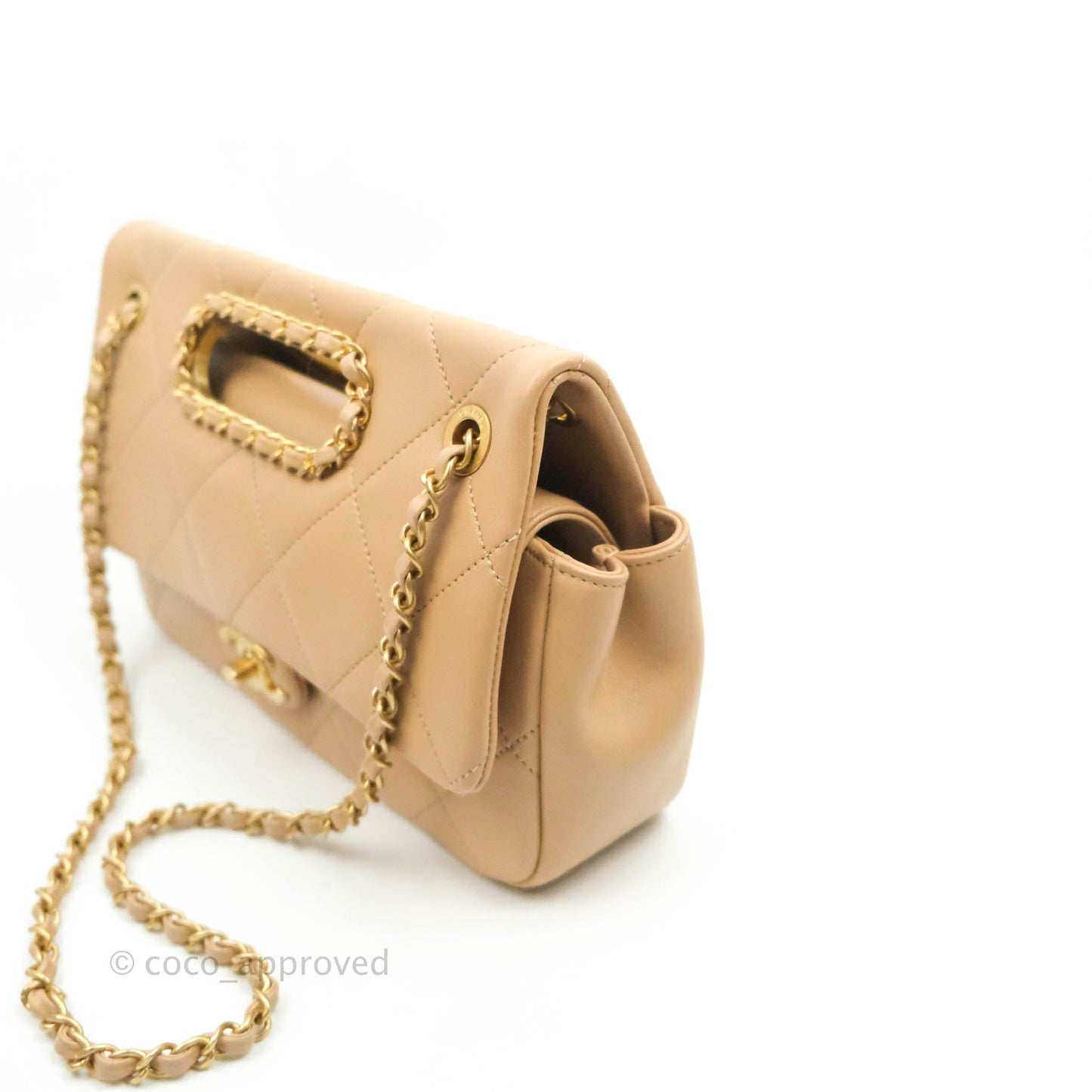 Chanel A Real Catch Quilted Flap Bag Beige Aged Gold Hardware