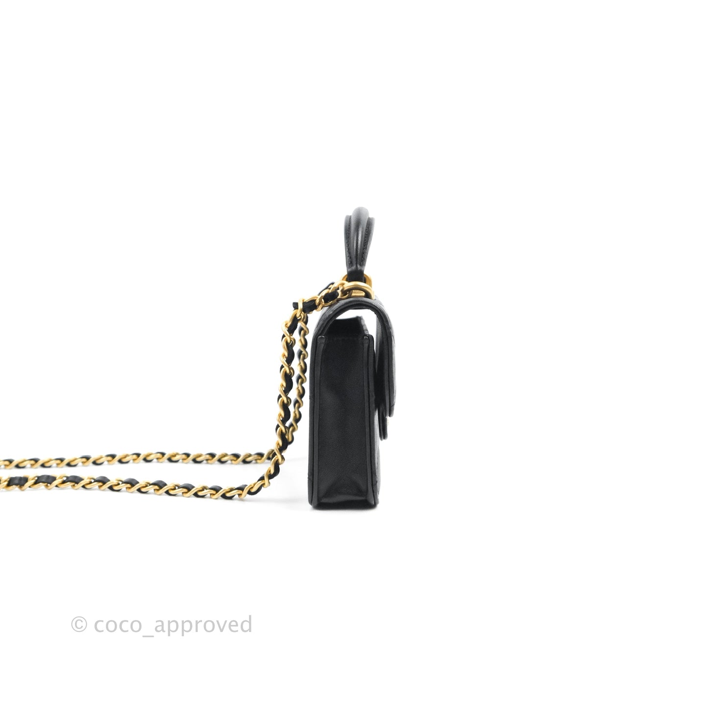 Chanel Mini Handle Flap Coin Purse With Chain Black Lambskin Gold Hardware