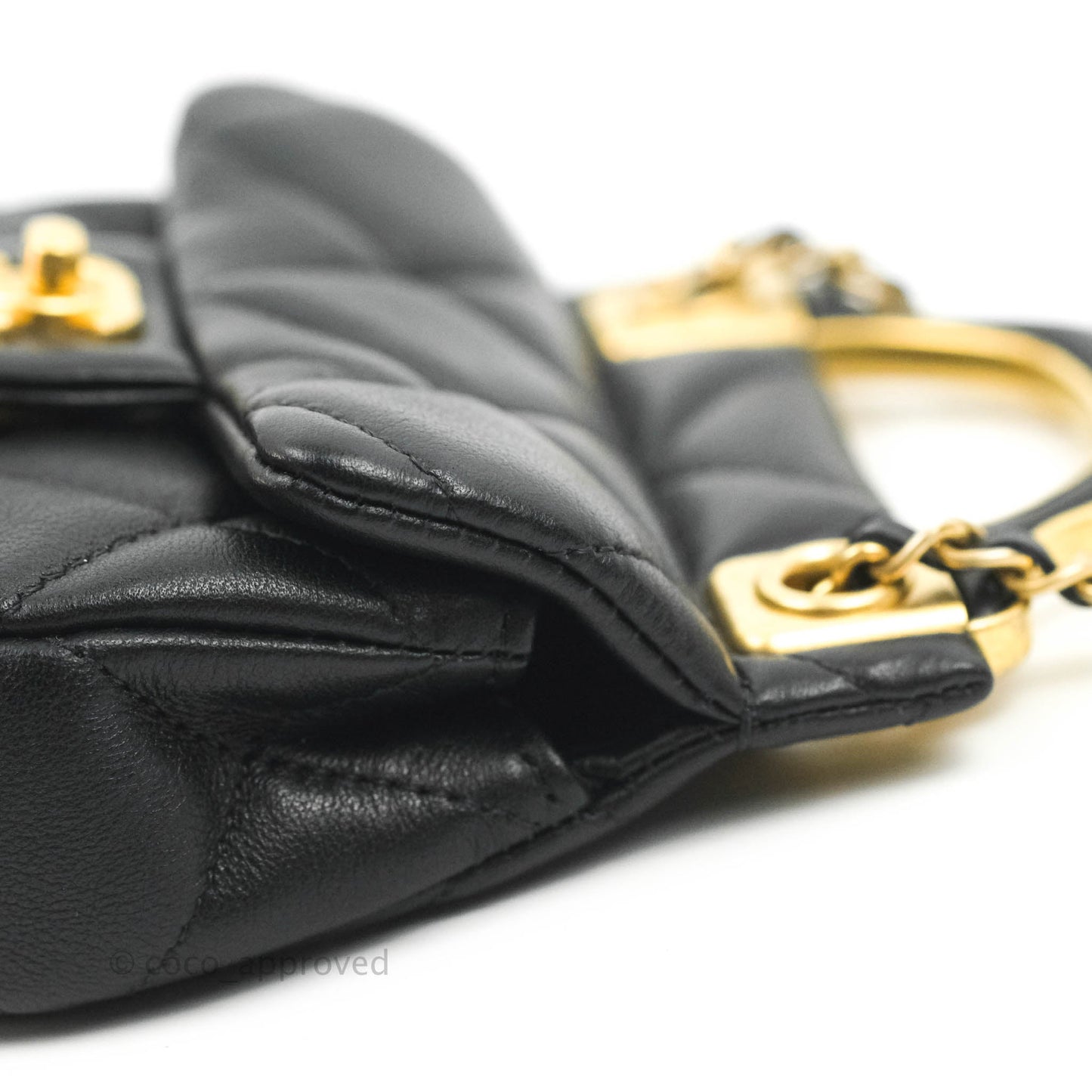 Chanel Quilted Lady Handle Flap Card Holder With Chain Black Calfskin Gold Hardware