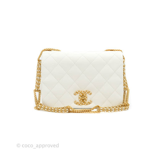 Chanel Large White Flap Bag With Woven CC Logo Lambskin Gold Hardware 22C