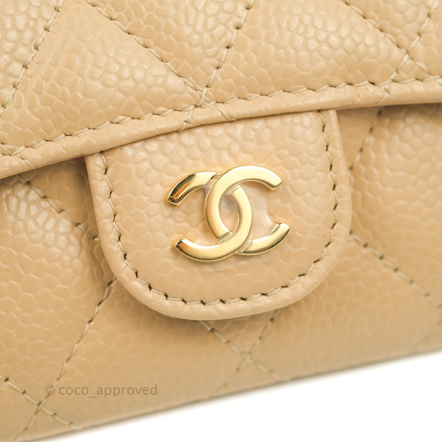 Chanel Quilted Flap Card Holder Beige Caviar Gold Hardware