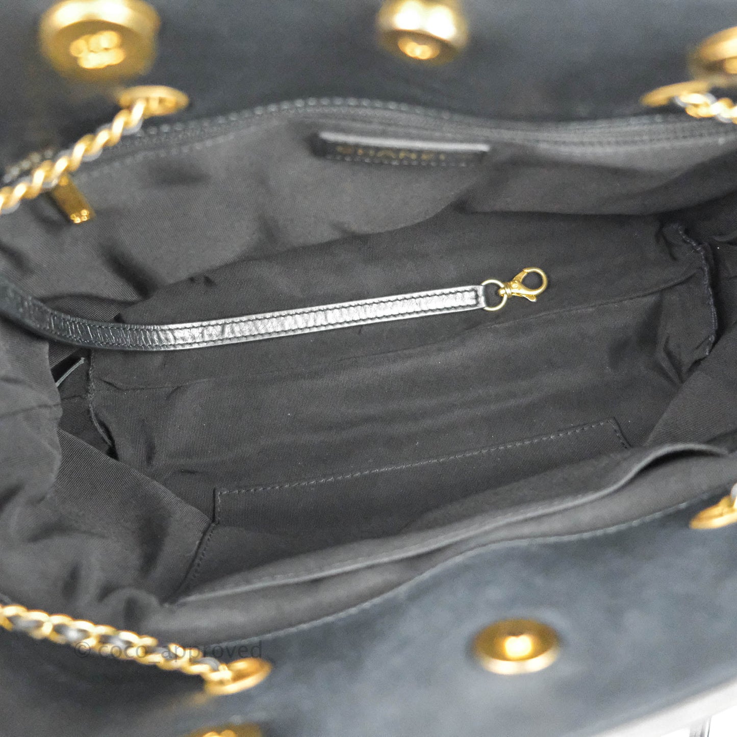 Chanel Quilted Drawstring Shopping Tote Bag Metallic Dark Grey Aged Calfskin Aged Gold Hardware