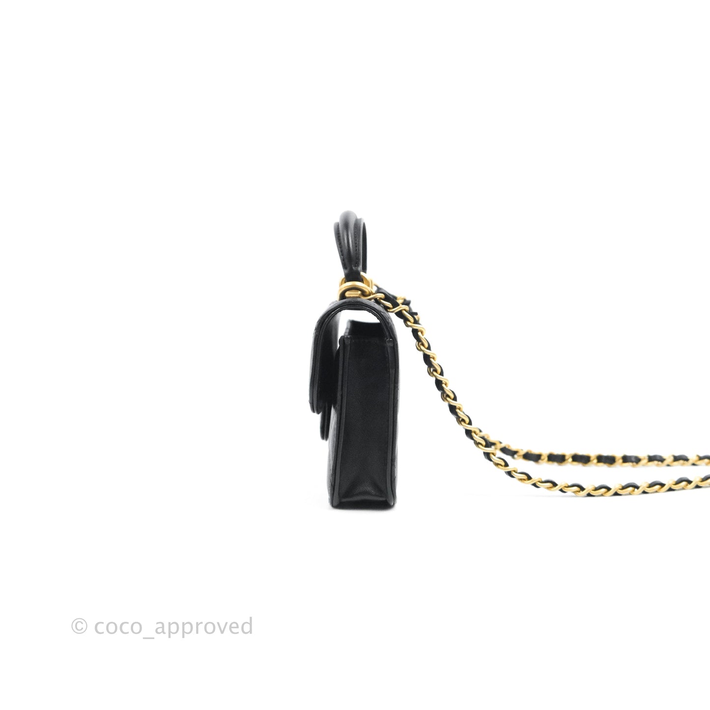 Chanel Mini Handle Flap Coin Purse With Chain Black Lambskin Gold Hardware