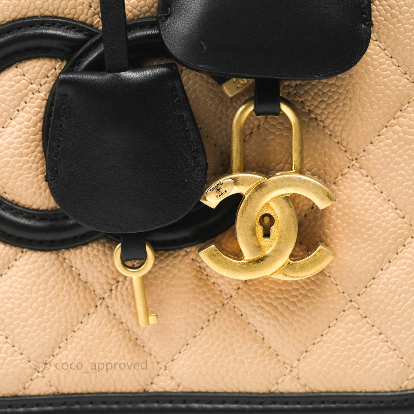 Chanel Quilted Medium CC Filigree Vanity Case Beige Caviar Aged Gold Hardware