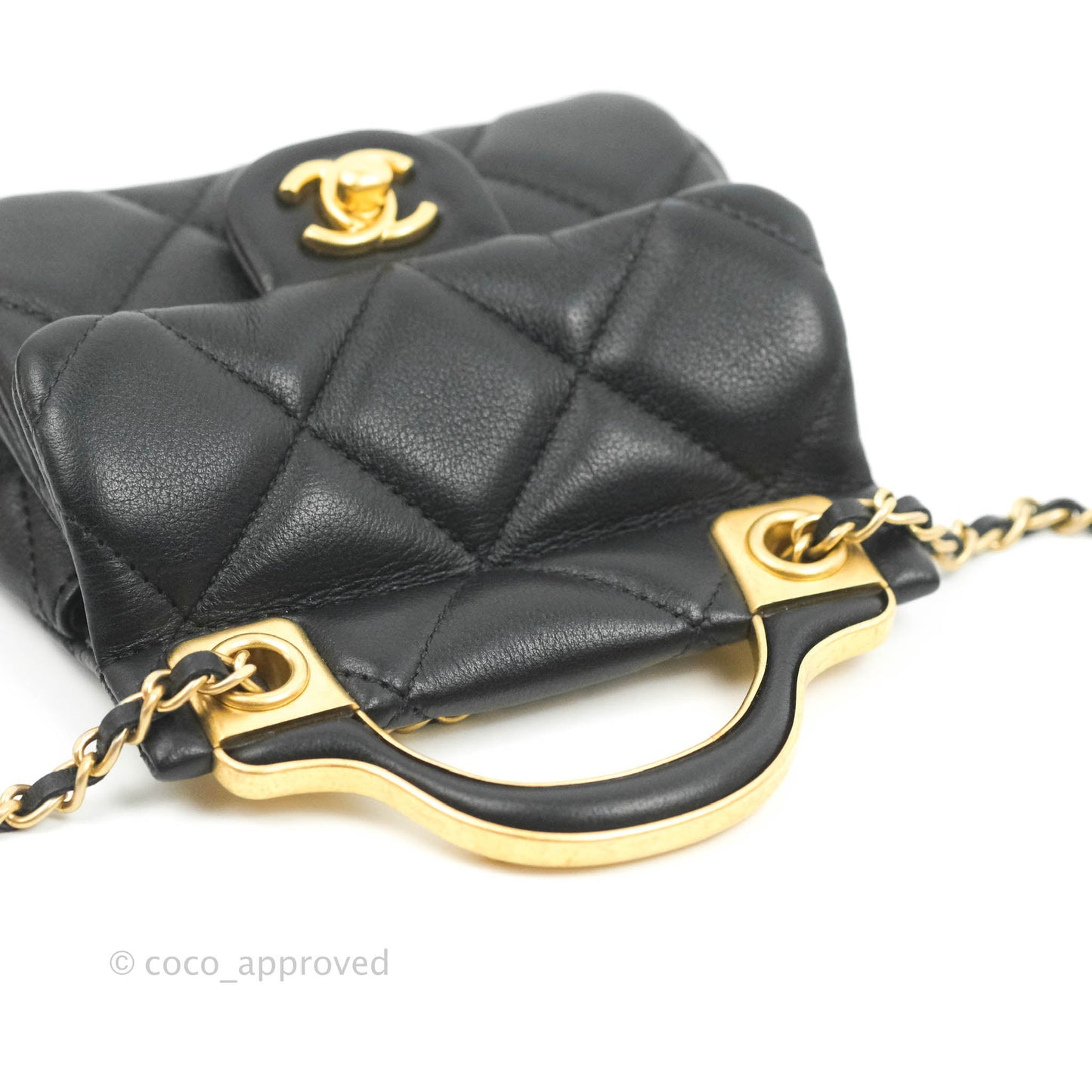Chanel Quilted Lady Handle Flap Card Holder With Chain Black Calfskin Gold Hardware