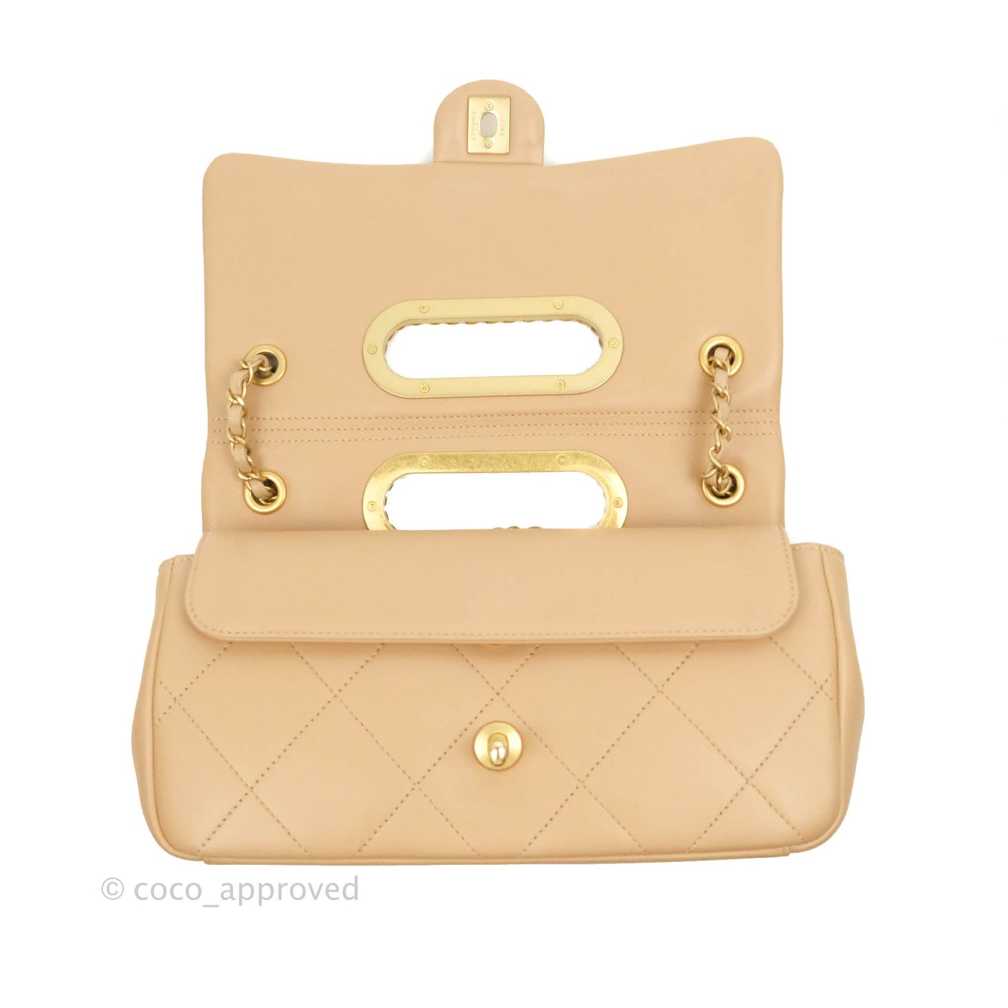 Chanel A Real Catch Quilted Flap Bag Beige Aged Gold Hardware