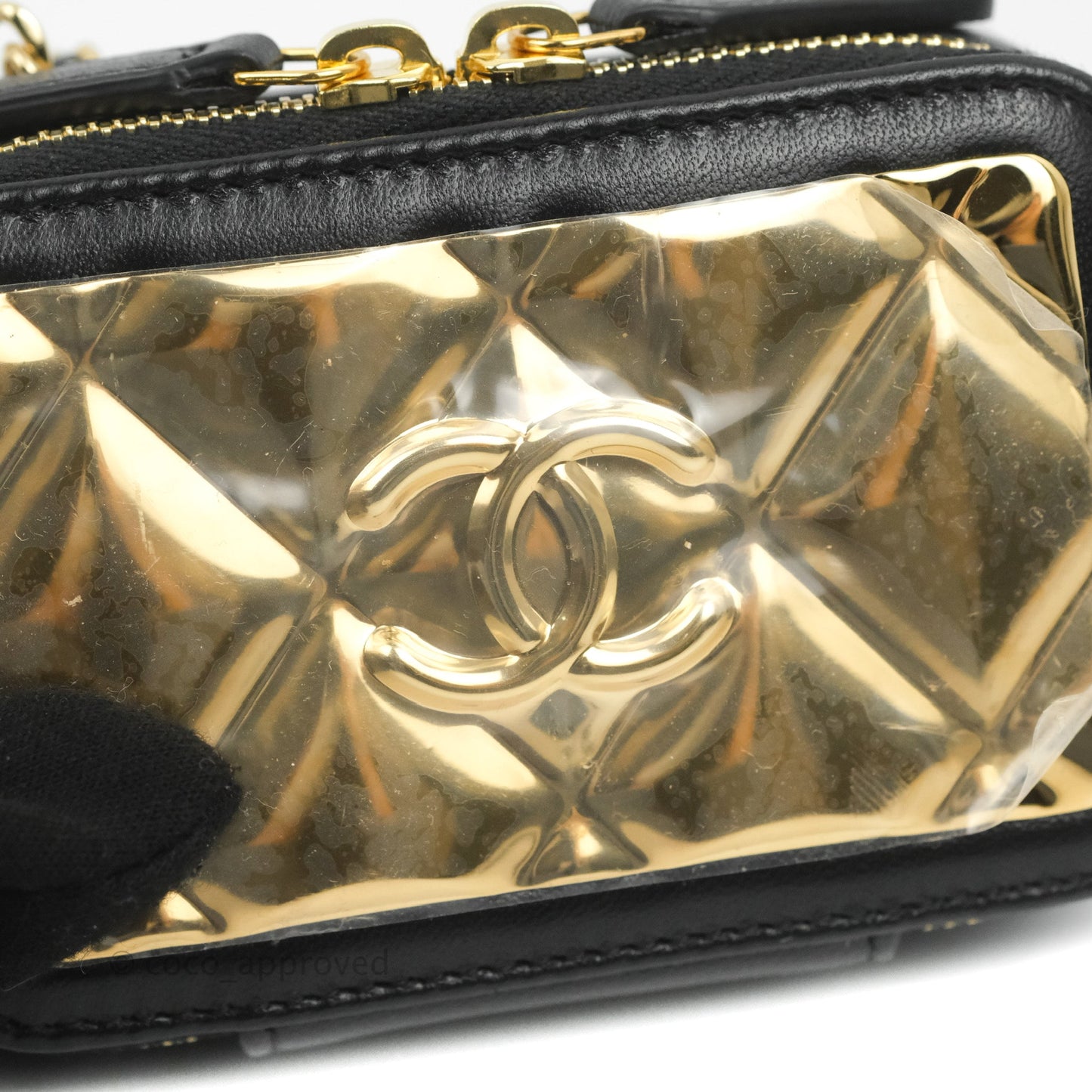 Chanel Quilted Mini Golden Plate Vanity Case With Chain Black Lambskin Gold Hardware