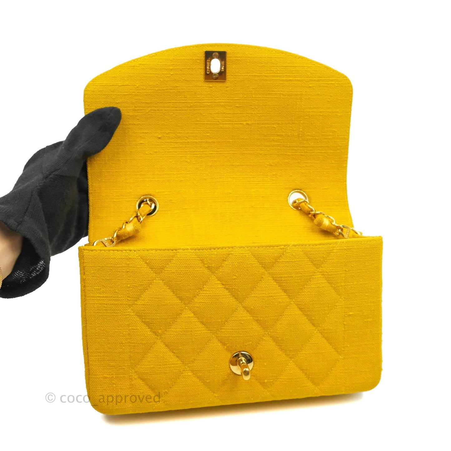 Chanel Vintage Small Classic Diana Flap Bag Yellow Linen Fabric 24K Gold Hardware