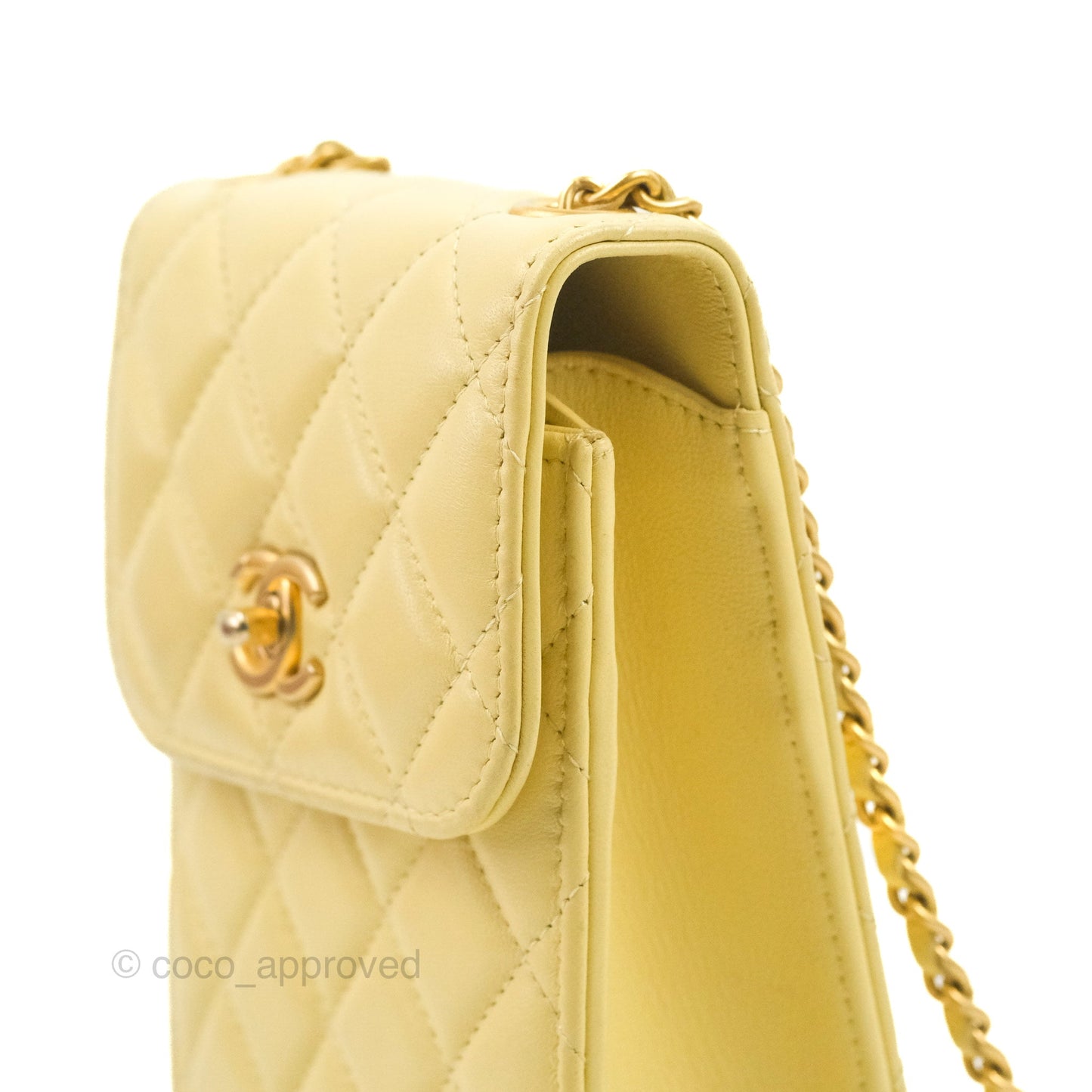 Chanel Quilted Pearl Crush Phone Holder With Chain Yellow Lambskin