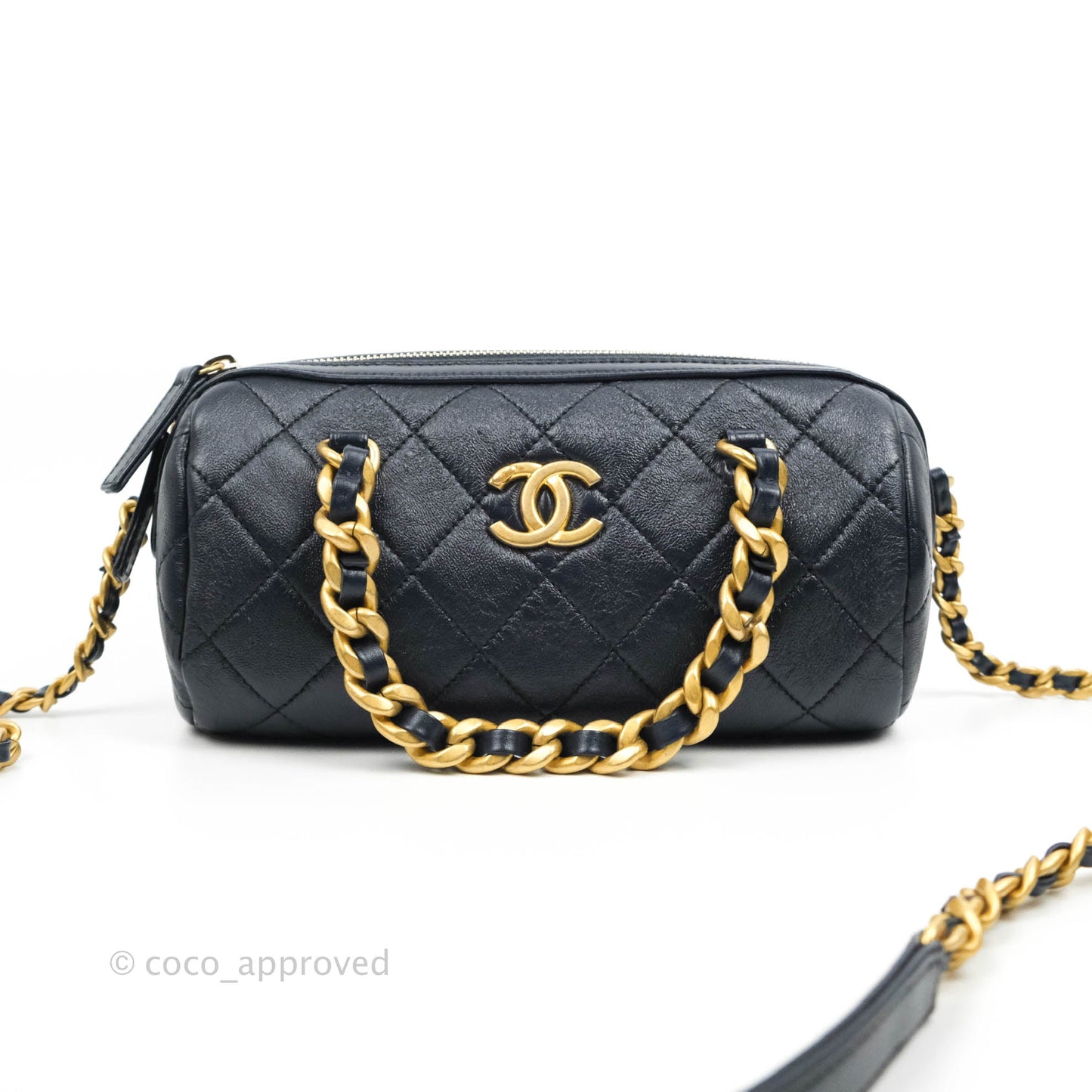 Chanel Quilted Fashion Therapy Bowling Bag Dark Navy Lambskin Gold Hardware