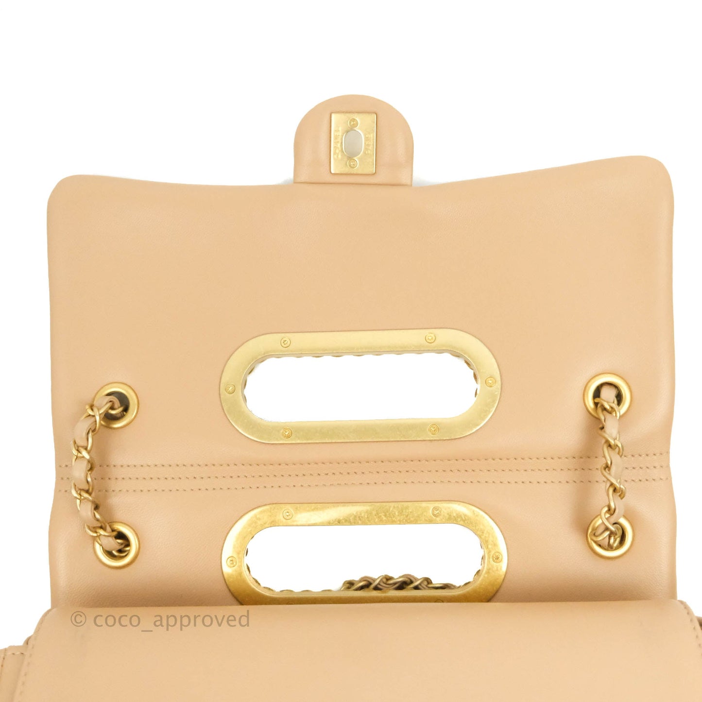 Chanel A Real Catch Quilted Flap Bag Beige Aged Gold Hardware