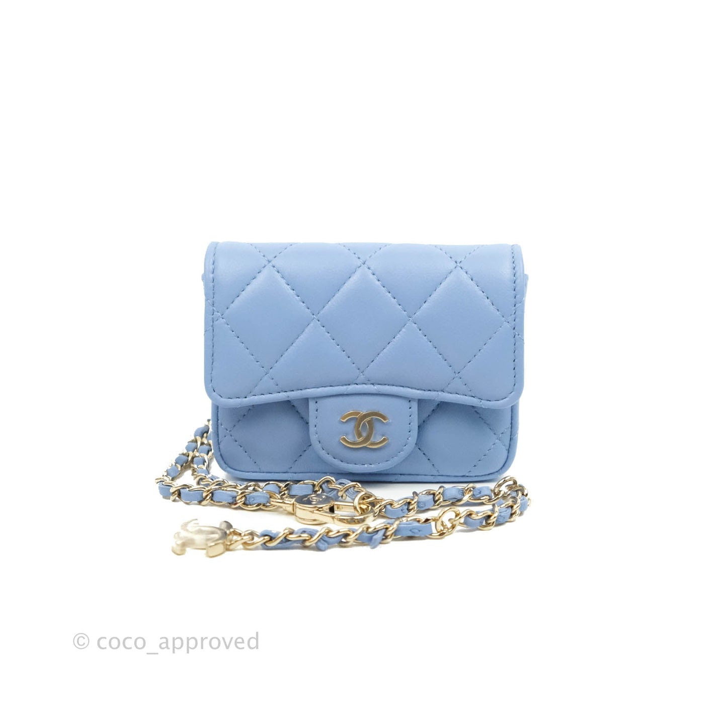 Chanel Mini Card Holder Chain Belt Bag Blue Lambskin Gold Hardware