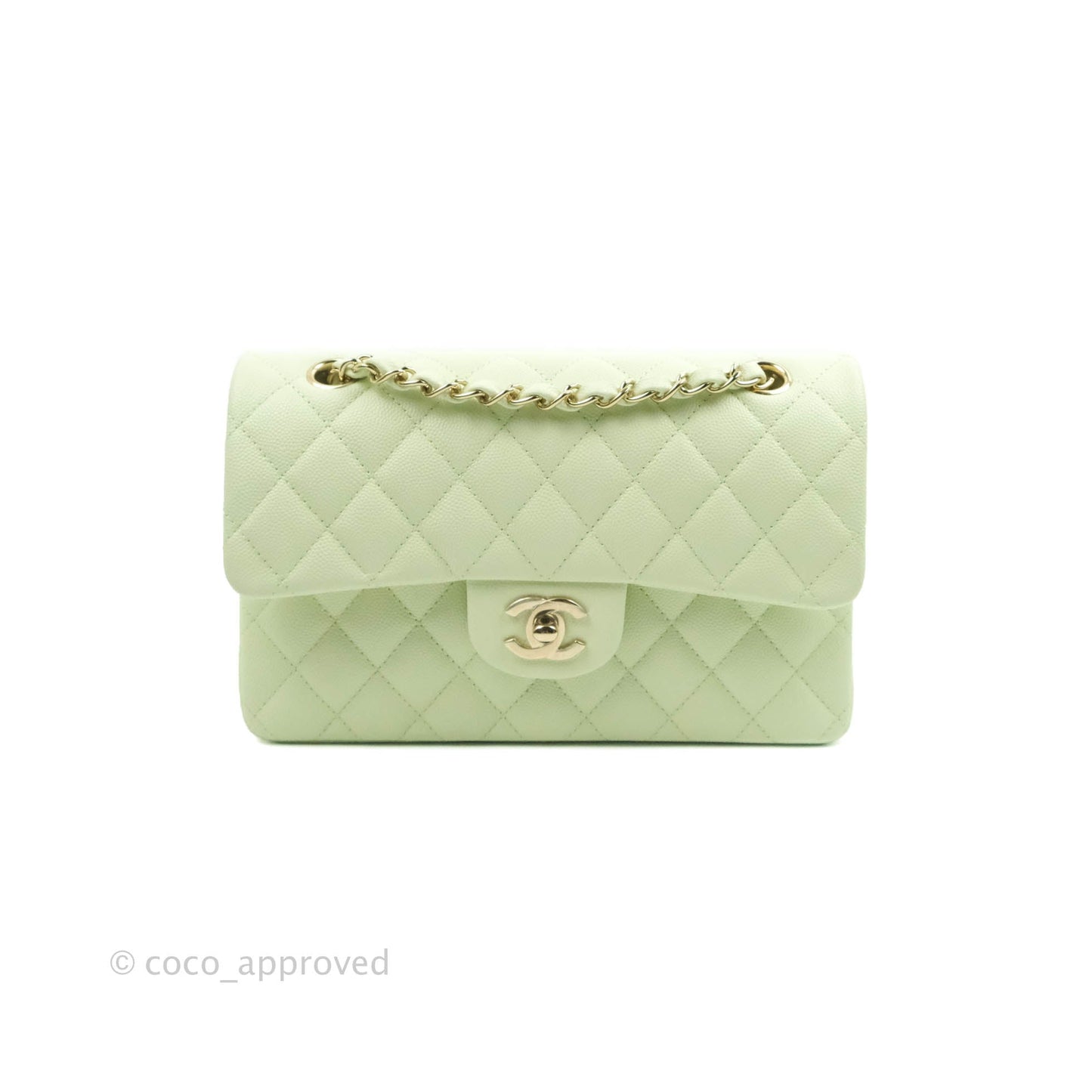 Chanel Small Classic Quilted Flap Pastel Green Caviar Gold Hardware