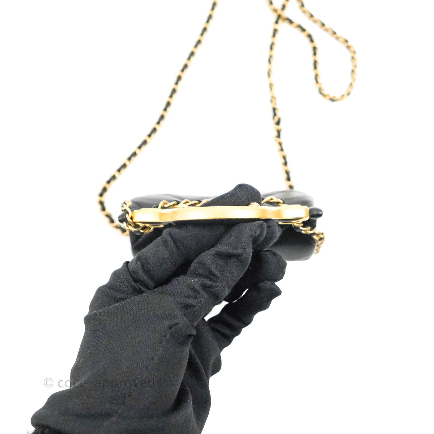 Chanel Quilted Lady Handle Flap Card Holder With Chain Black Calfskin Gold Hardware