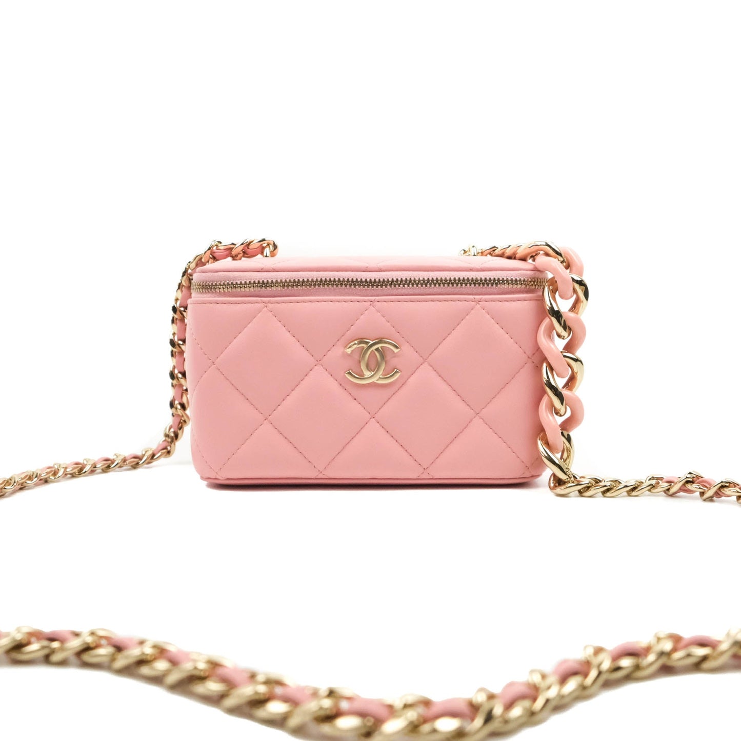 Chanel Resin Elegant Chain Vanity Case Pink Lambskin Gold Hardware