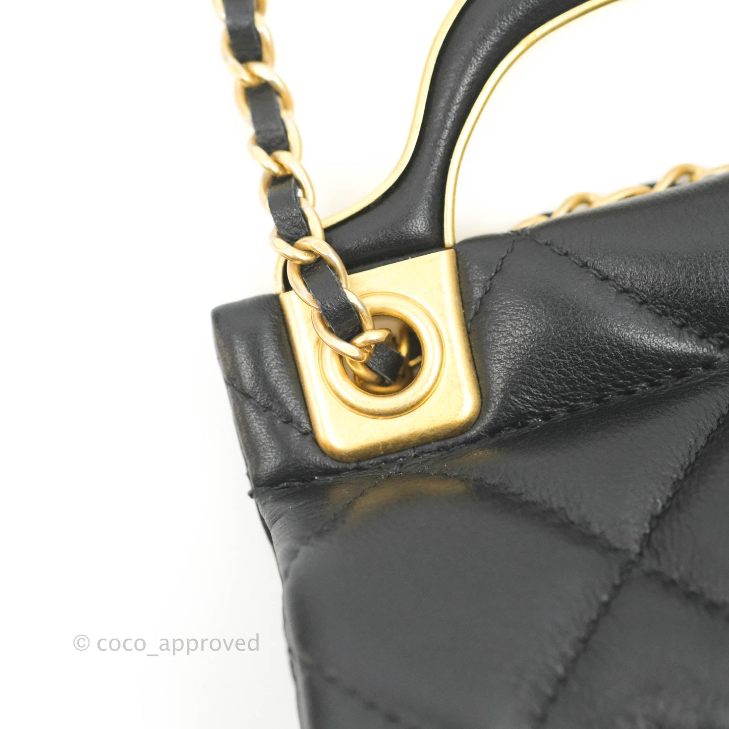 Chanel Quilted Lady Handle Flap Card Holder With Chain Black Calfskin Gold Hardware