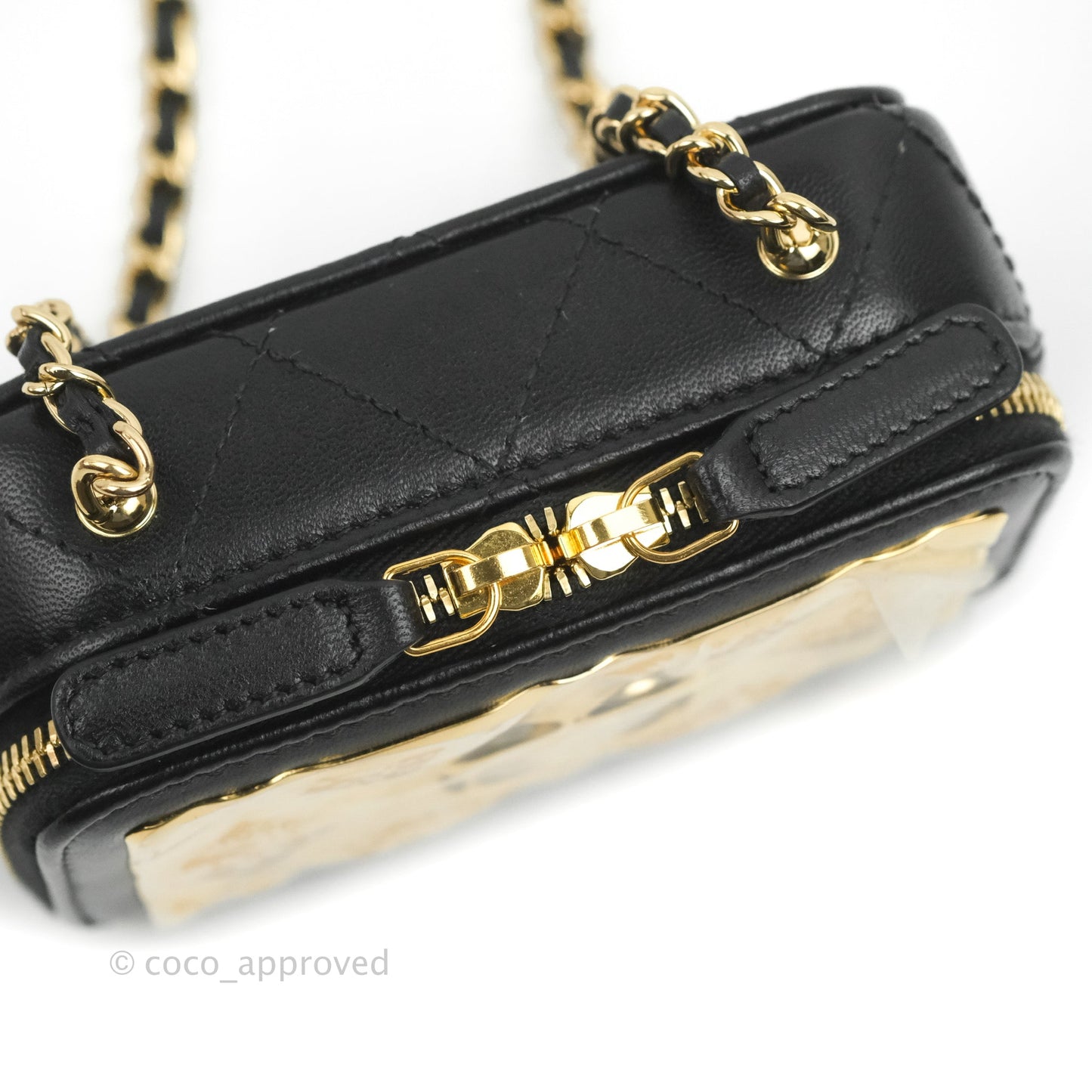 Chanel Quilted Mini Golden Plate Vanity Case With Chain Black Lambskin Gold Hardware