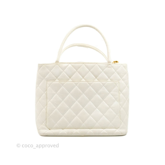 Chanel Vintage Medallion CC White Caviar Tote Bag Gold Hardware