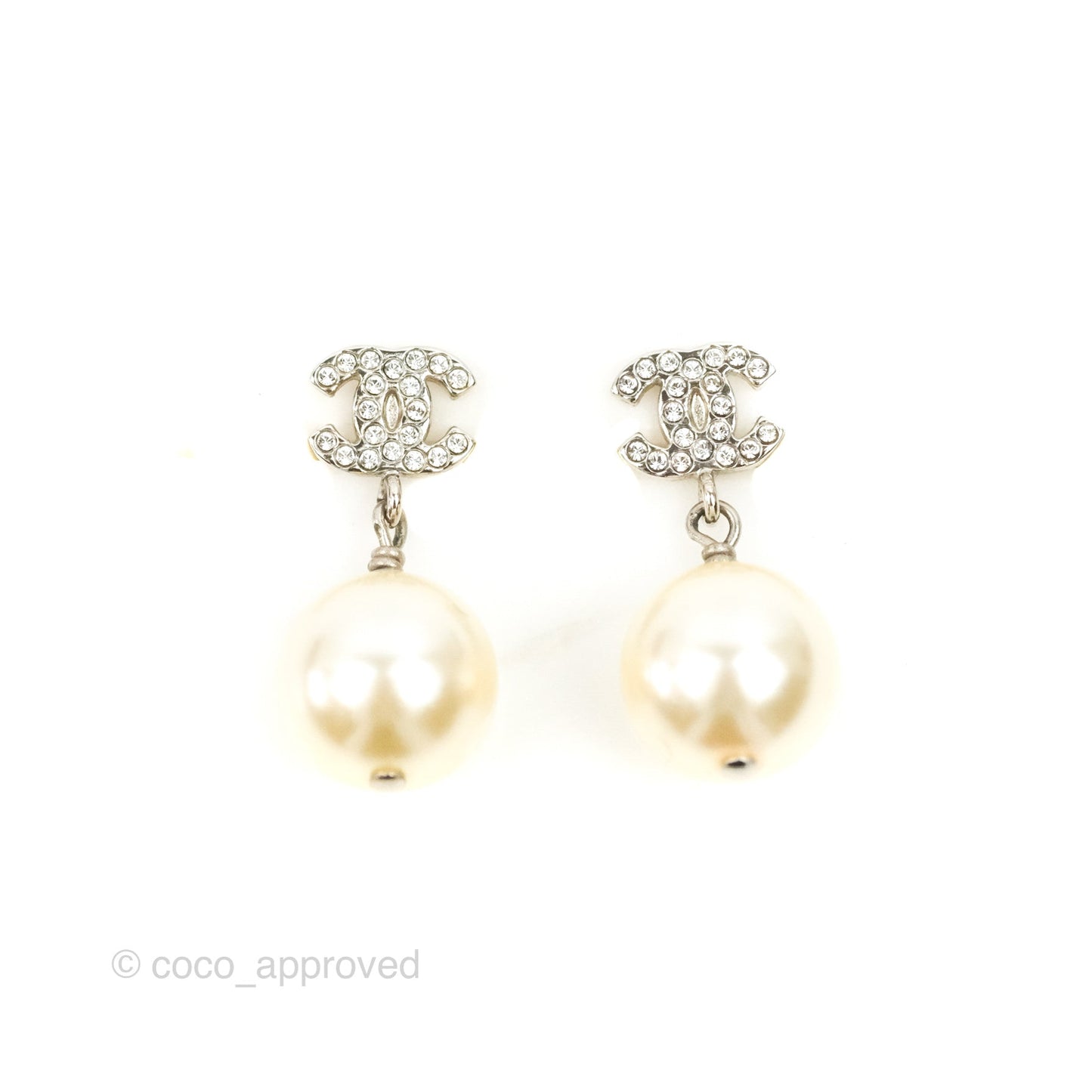Chanel CC Rhinestone Pearl Drop Earrings Silver Tone