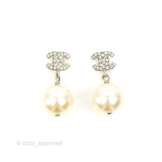 Chanel CC Rhinestone Pearl Drop Earrings Silver Tone