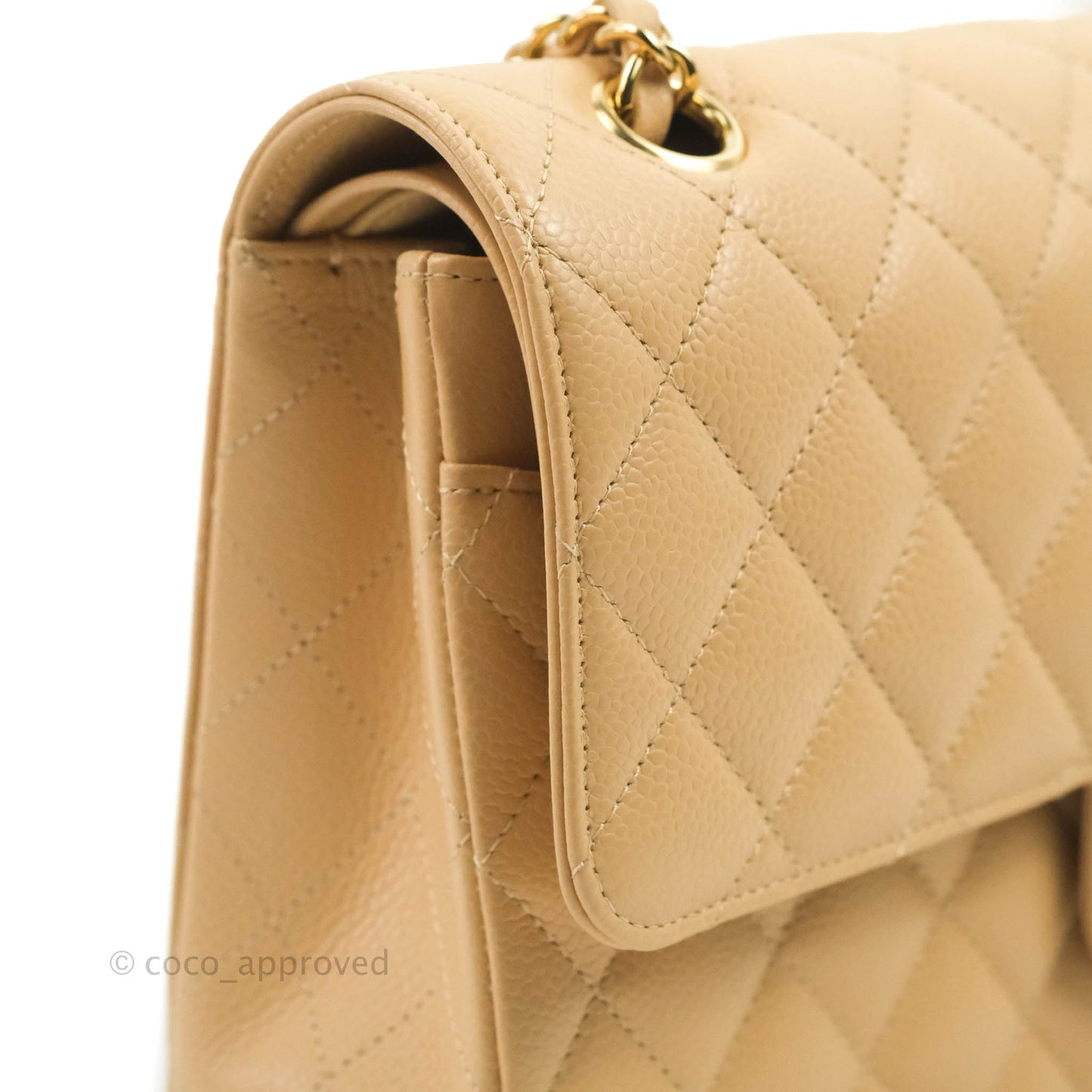 Chanel Classic M/L Medium Flap Quilted Beige Caviar Gold Hardware