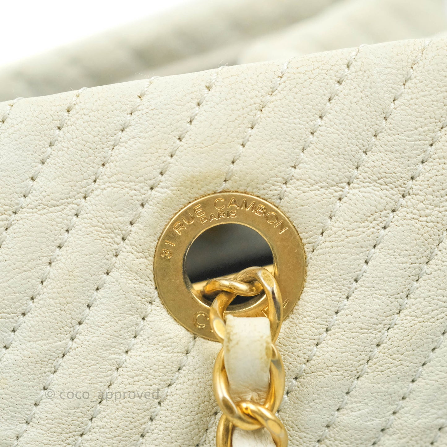 Chanel Chevron Surpique Tote White Crumpled Calfskin Aged Gold Hardware