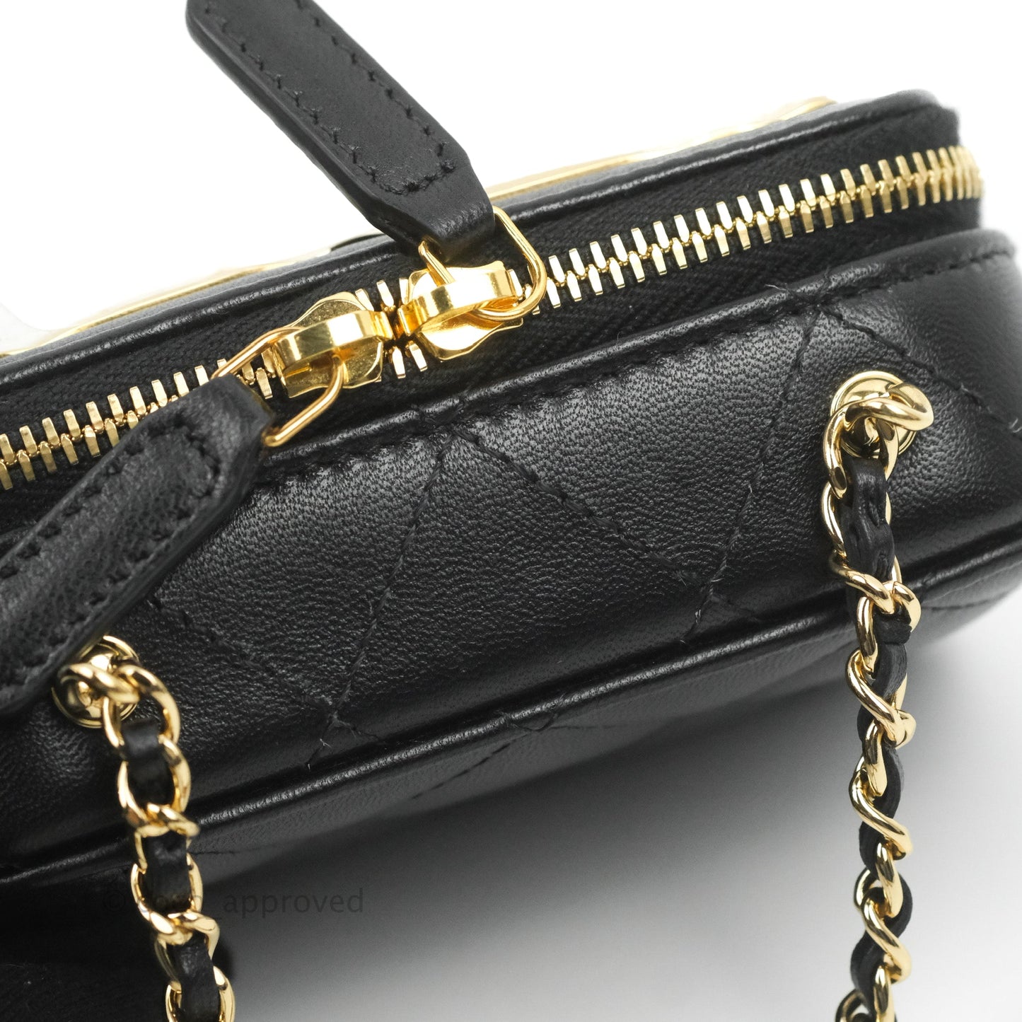 Chanel Quilted Mini Golden Plate Vanity Case With Chain Black Lambskin Gold Hardware