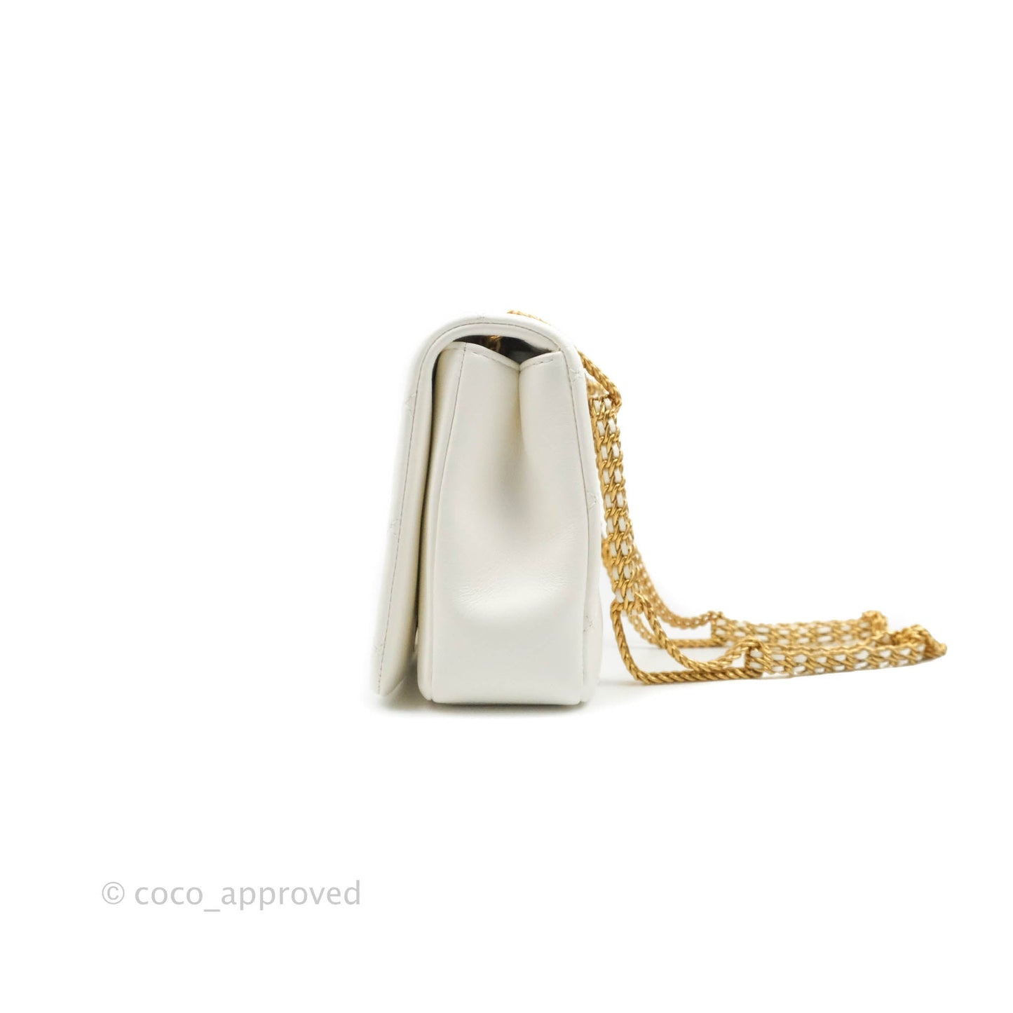 Chanel Large White Flap Bag With Woven CC Logo Lambskin Gold Hardware 22C