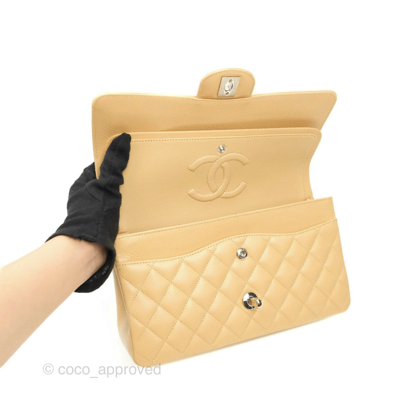 Chanel Classic M/L Medium Double Flap Beige Caviar Silver Hardware