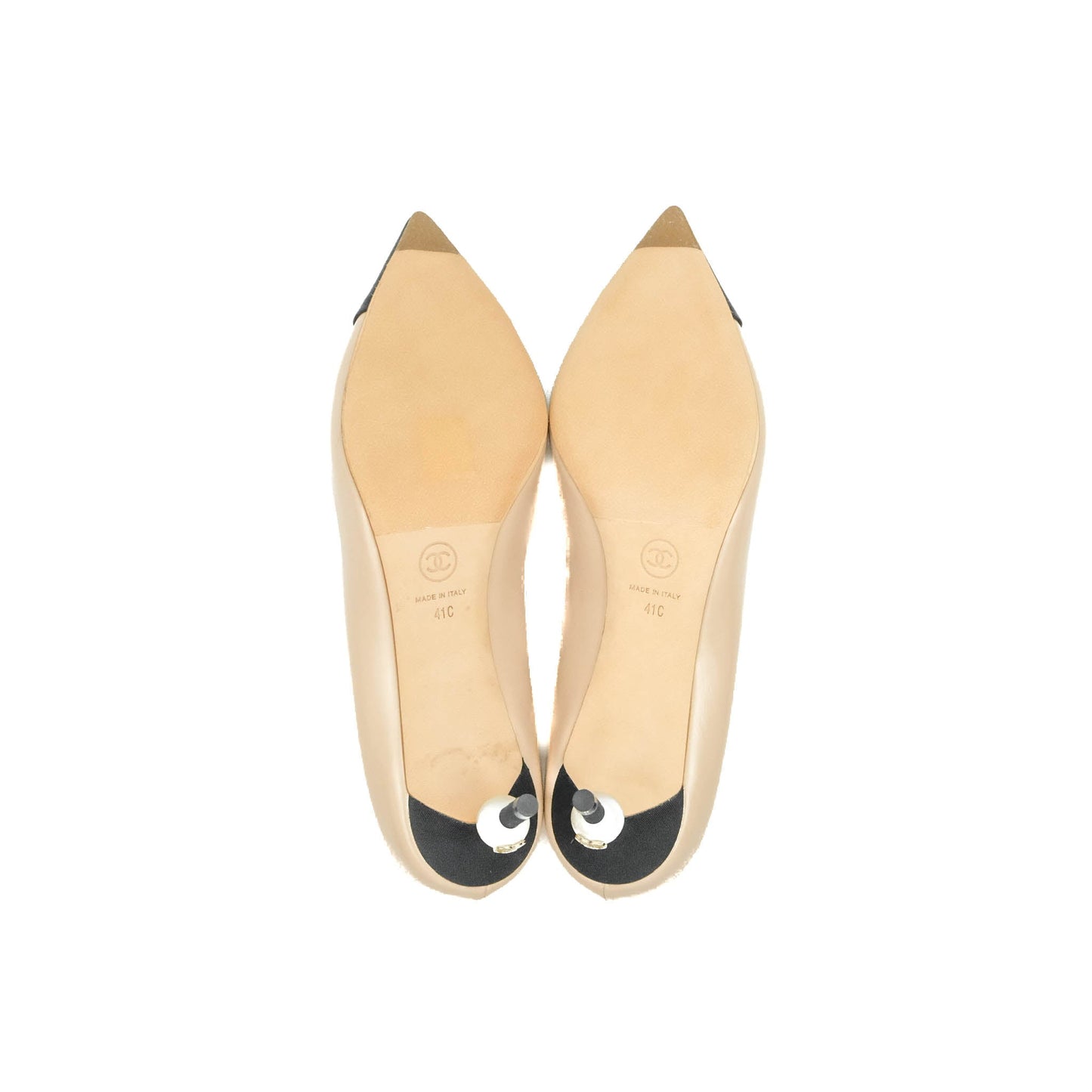 Chanel Beige Toe Pointed Black Pump Heels With CC Pearl Size 41
