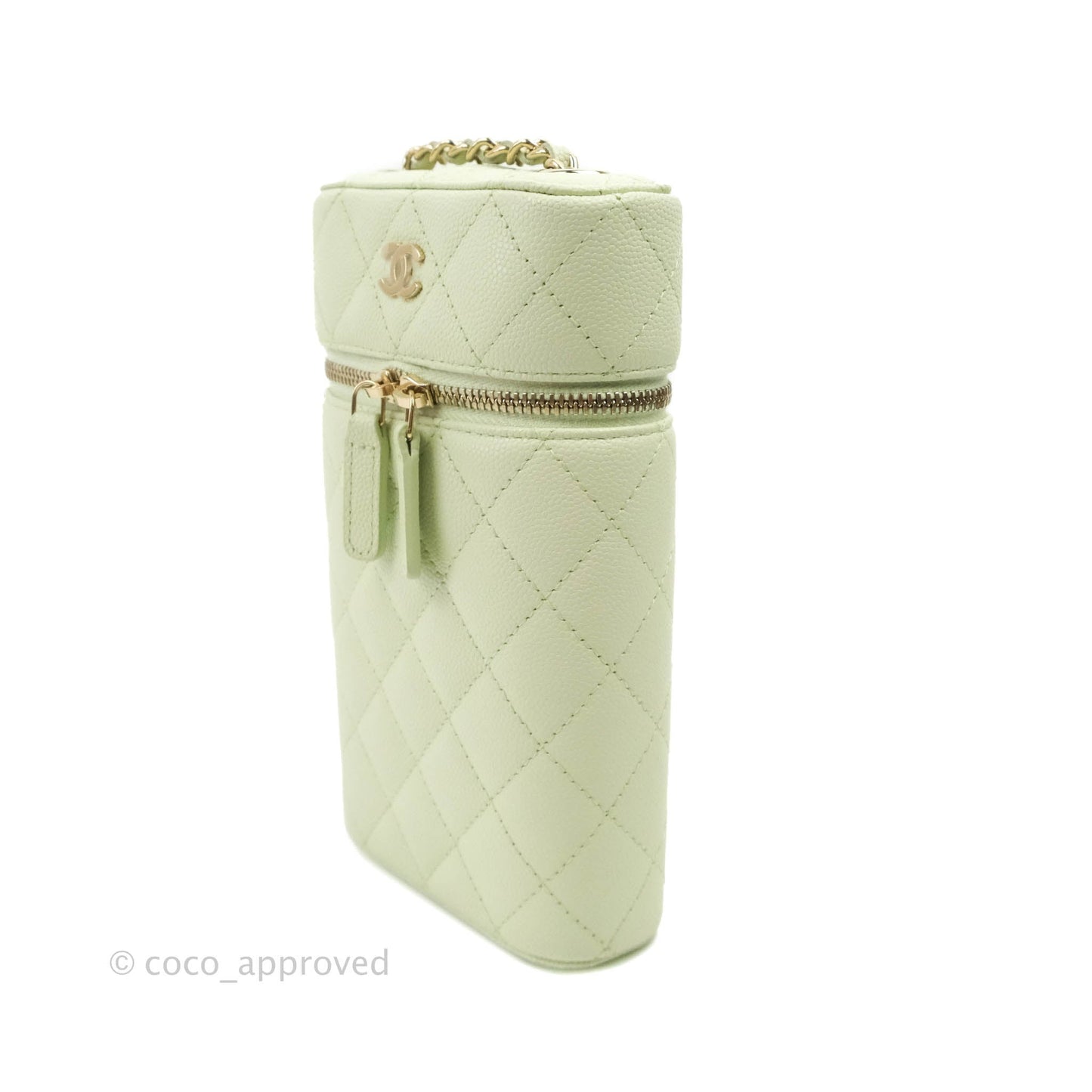 Chanel Vanity Phone Holder With Chain Light Mint Green Caviar Gold Hardware