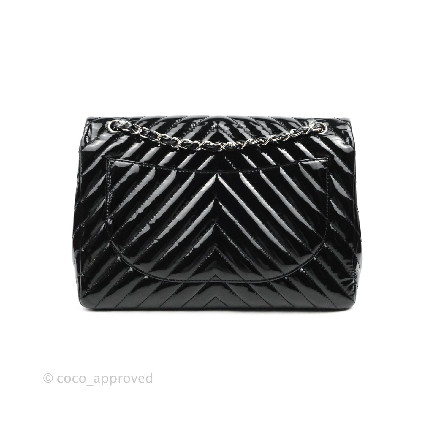 Chanel Single Flap Maxi Chevron Black Patent Silver Hardware