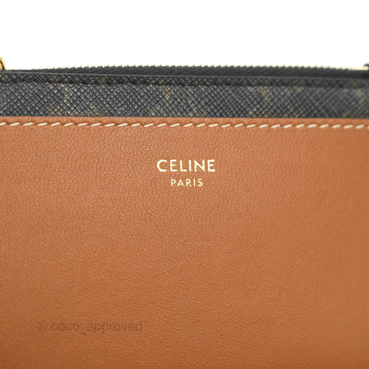 Celine Zipped Card Holder Triomphe Canvas Tan Lambskin