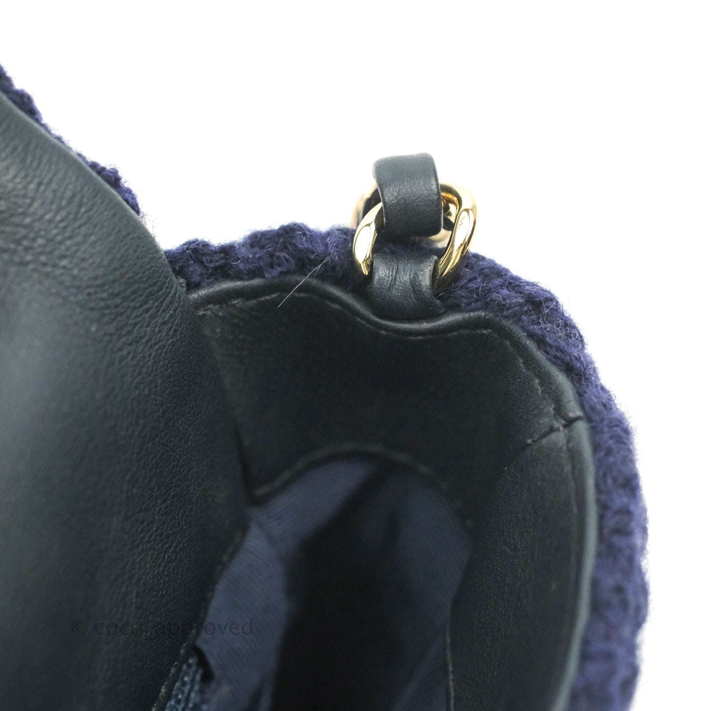 Chanel Mini Rectangular Flap Navy Blue Cable Knit Gold Hardware