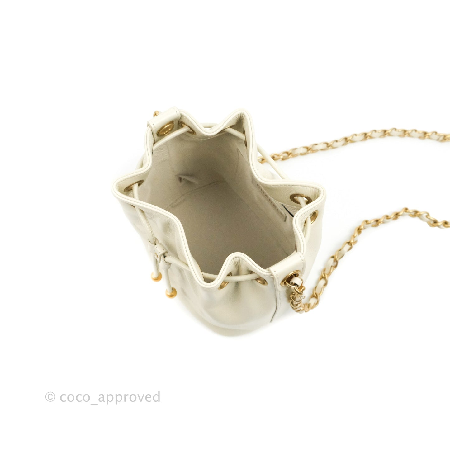 Chanel CC Small Drawstring Bucket Bag White Calfskin Aged Gold Hardware