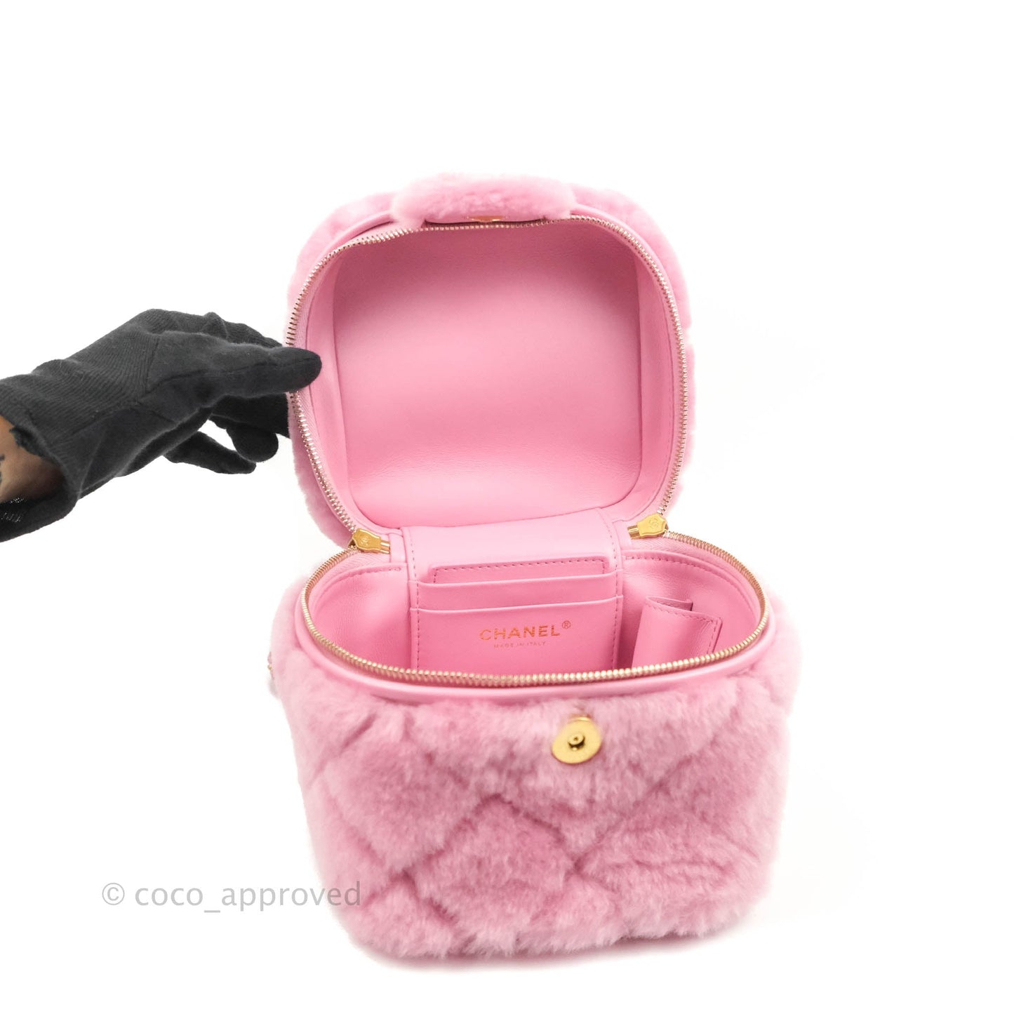 Chanel Small Vanity Case Pink Shearling Lambskin Gold Hardware 22A