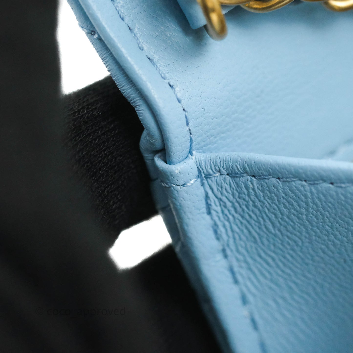 Chanel Pearl Crush Mini Clutch With Chain Blue Lambskin Aged Gold Hardware