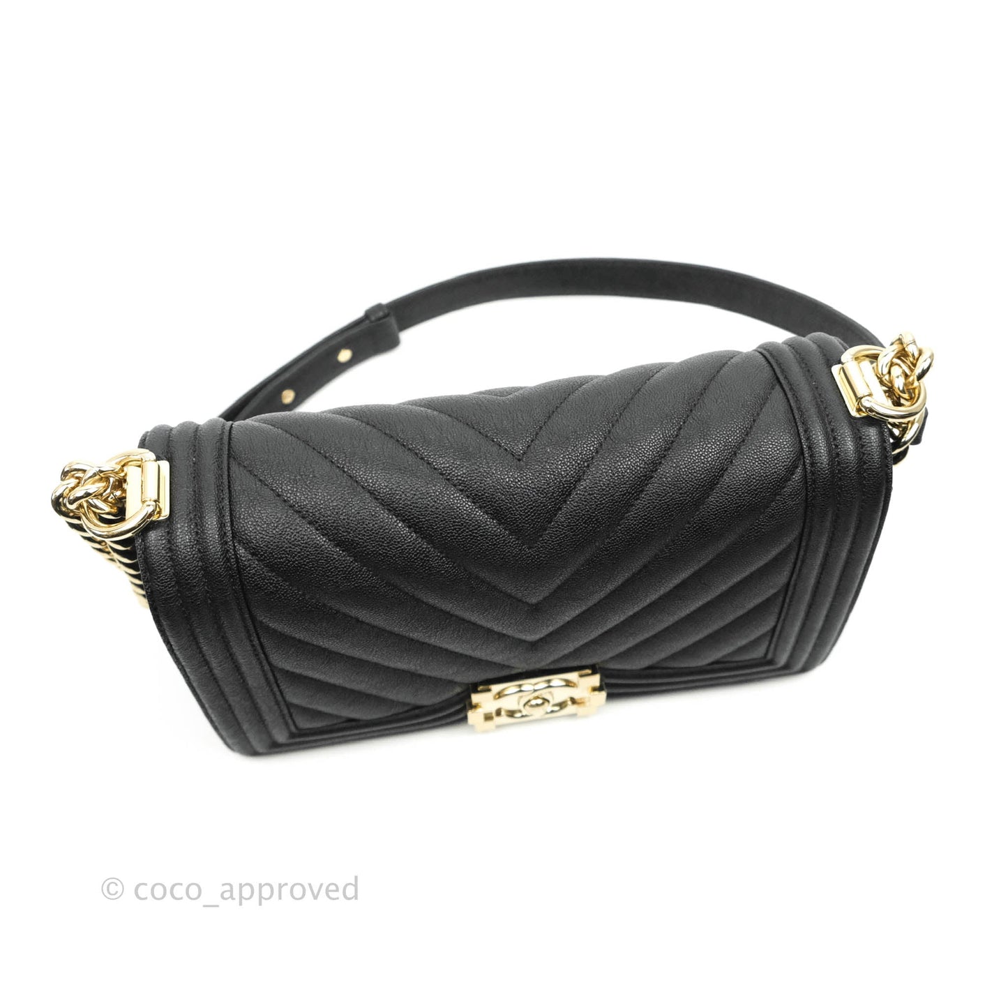 Chanel Chevron Medium Boy Black Grained Calfskin Gold Hardware