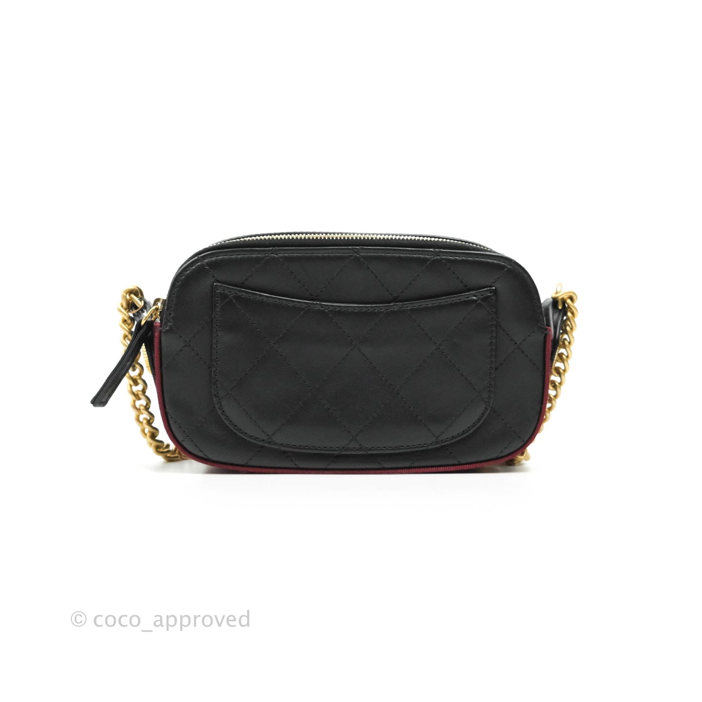 Chanel Small Button Up Camera Case Bag Black Calfskin Grosgrain Aged Gold Hardware