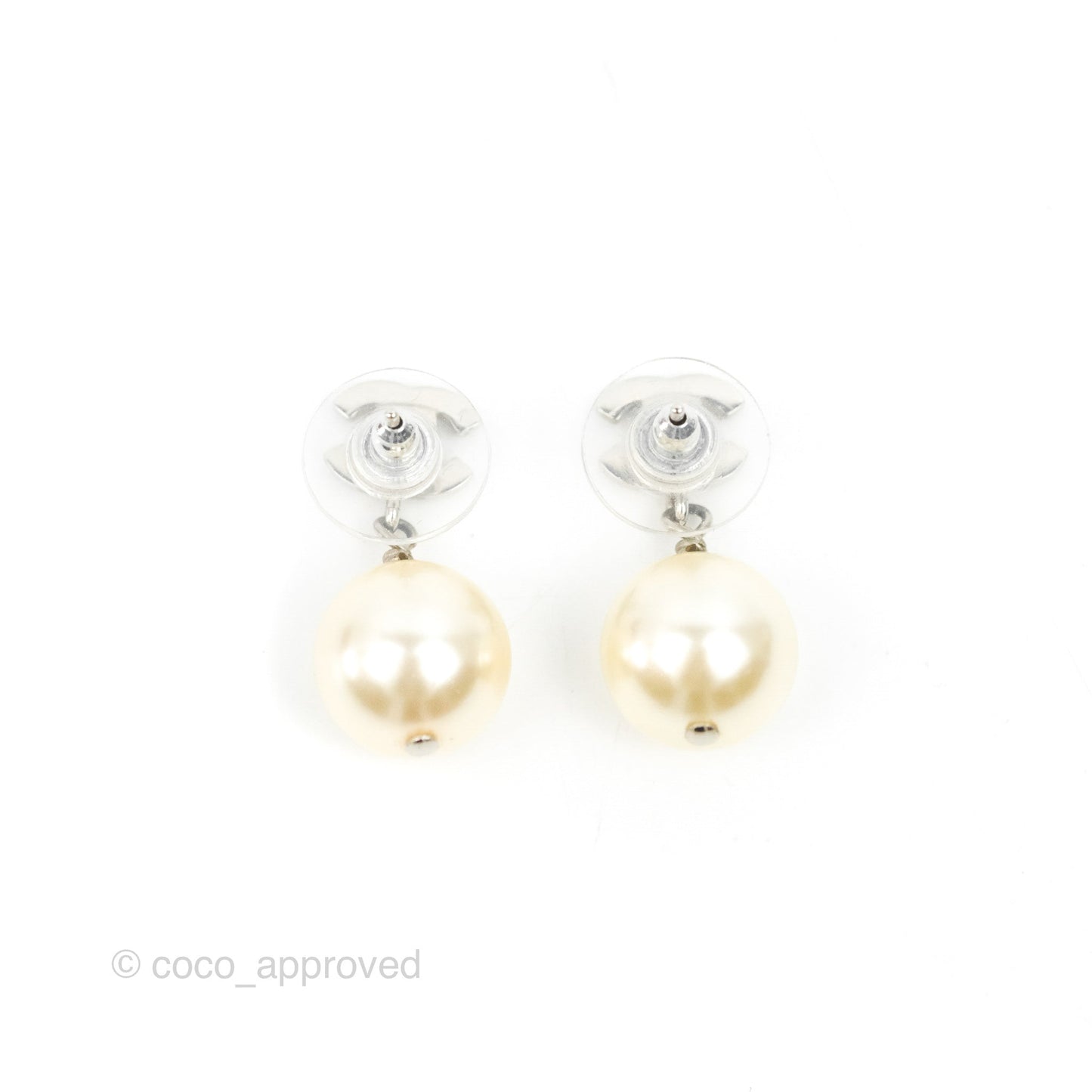 Chanel CC Rhinestone Pearl Drop Earrings Silver Tone