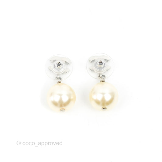 Chanel CC Rhinestone Pearl Drop Earrings Silver Tone