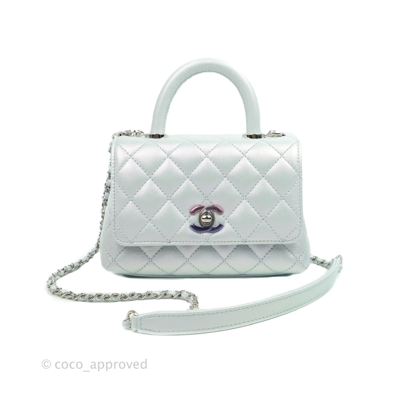 Chanel Mini Coco Handle Quilted Iridescent Light Blue Caviar Rainbow Hardware