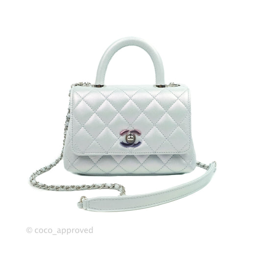 Chanel Mini Coco Handle Quilted Iridescent Light Blue Caviar Rainbow Hardware
