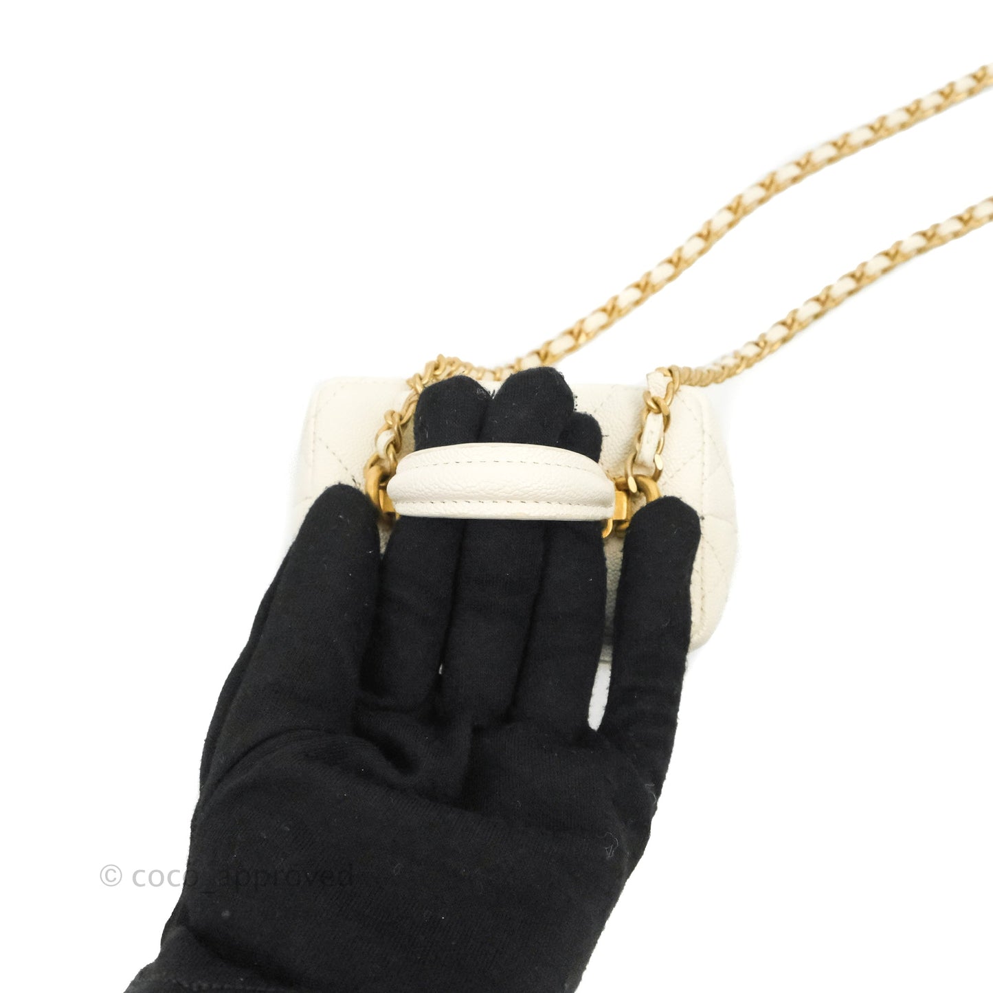 Chanel Mini Clutch With Chain White Caviar Aged Gold Hardware