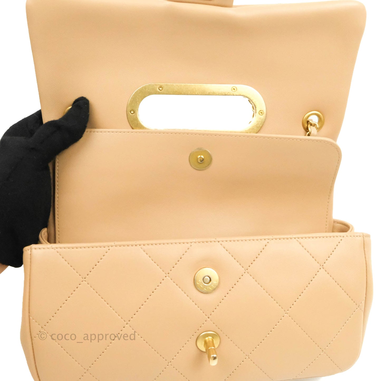 Chanel A Real Catch Quilted Flap Bag Beige Aged Gold Hardware