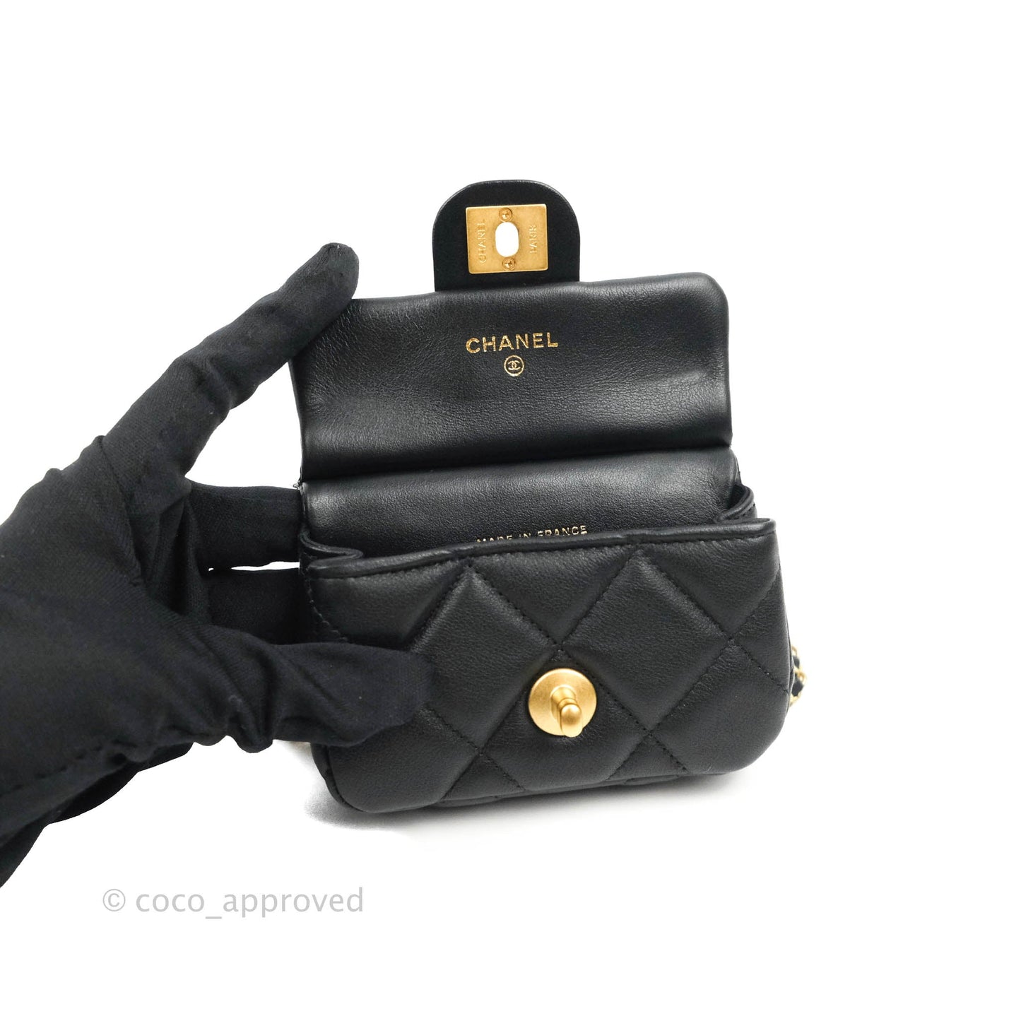 Chanel Quilted Lady Handle Flap Card Holder With Chain Black Calfskin Gold Hardware